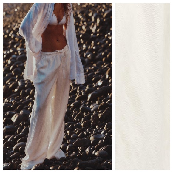 NWT. Zara Oyster-White Lyocell/Viscose Flowy Straight Leg Pants. Size L. - Picture 1 of 11